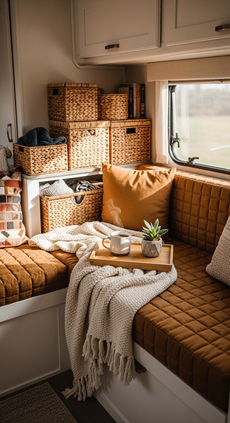 camper interior ideas with woven baskets and soft texture details