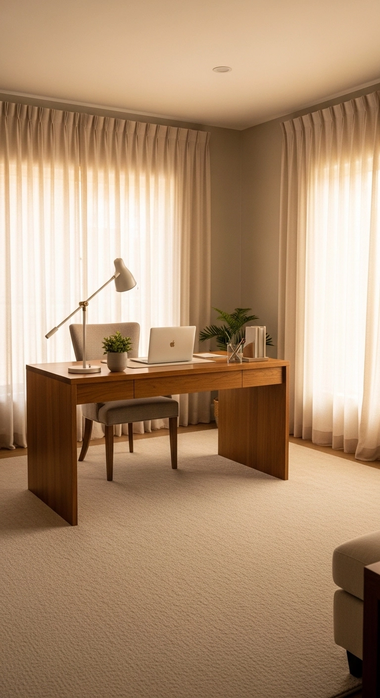 home office ideas with rug curtains and soft acoustic textures