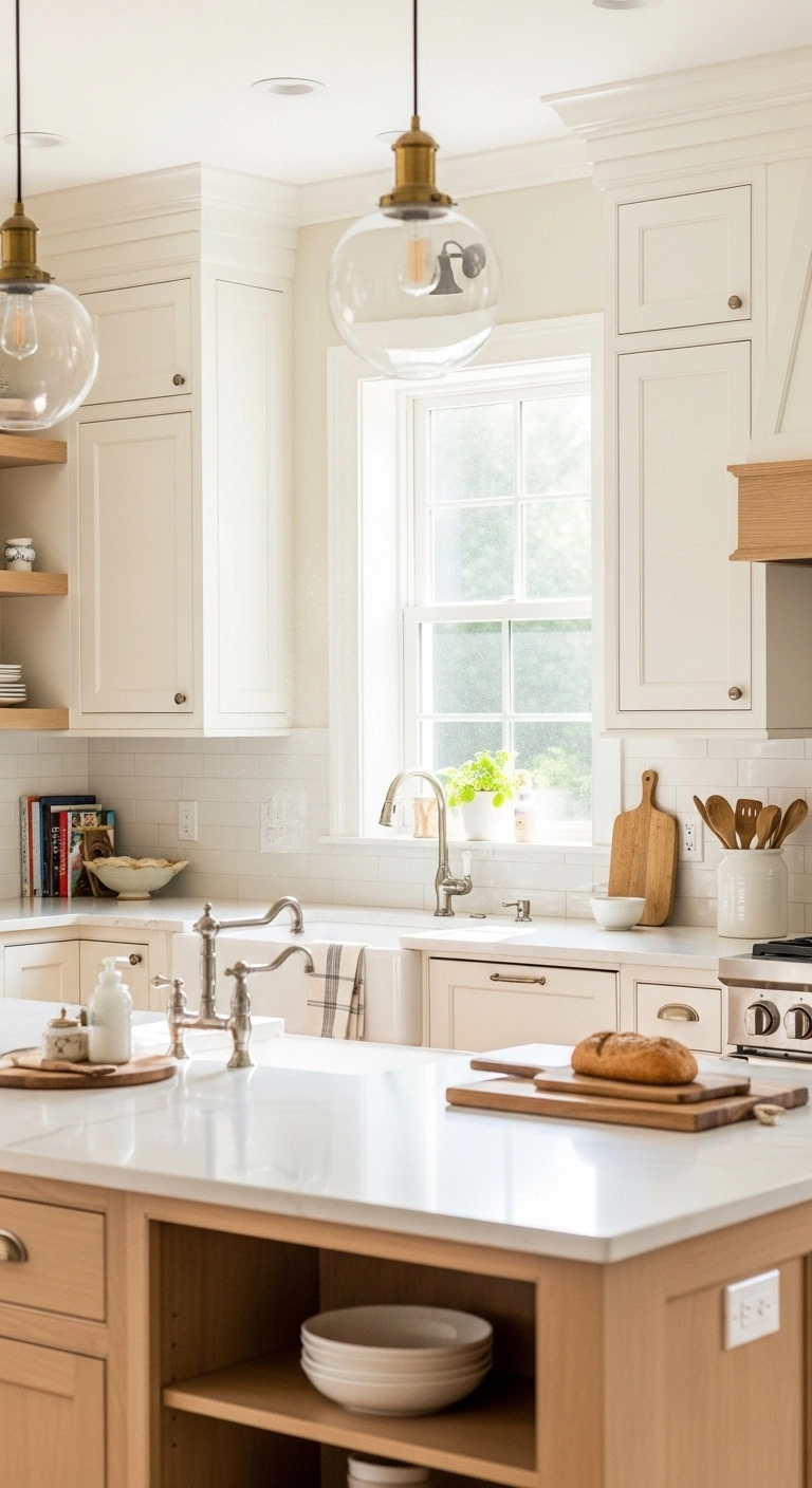 warm kitchen aesthetic with soft cream walls and natural light