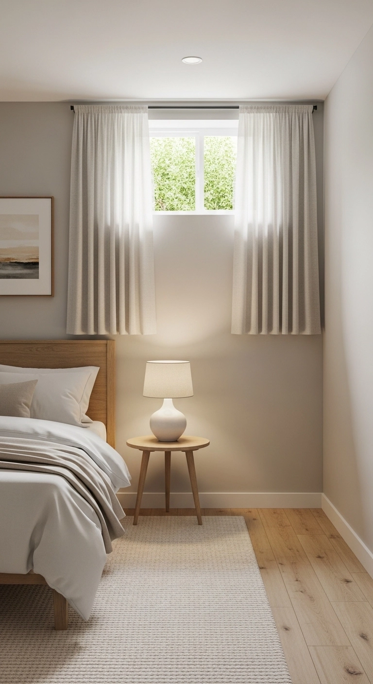 basement bedroom ideas with light curtains on a small basement window