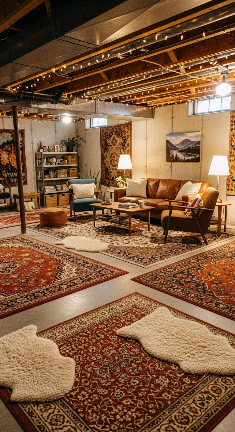 unfinished basement ideas with rugs softening a concrete floor