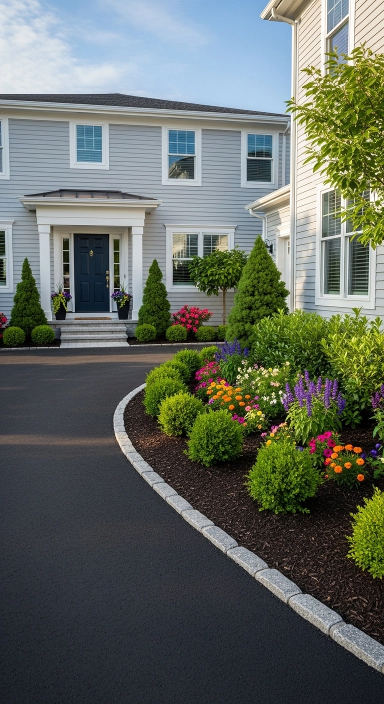 Asphalt driveway ideas with planting beds and a neat front look