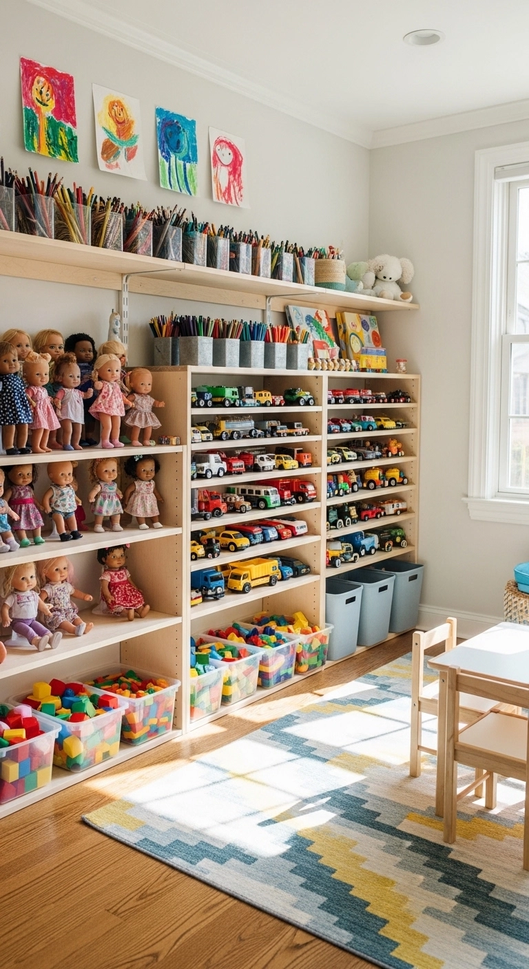 toy storage solutions with toys sorted by play type on open shelves