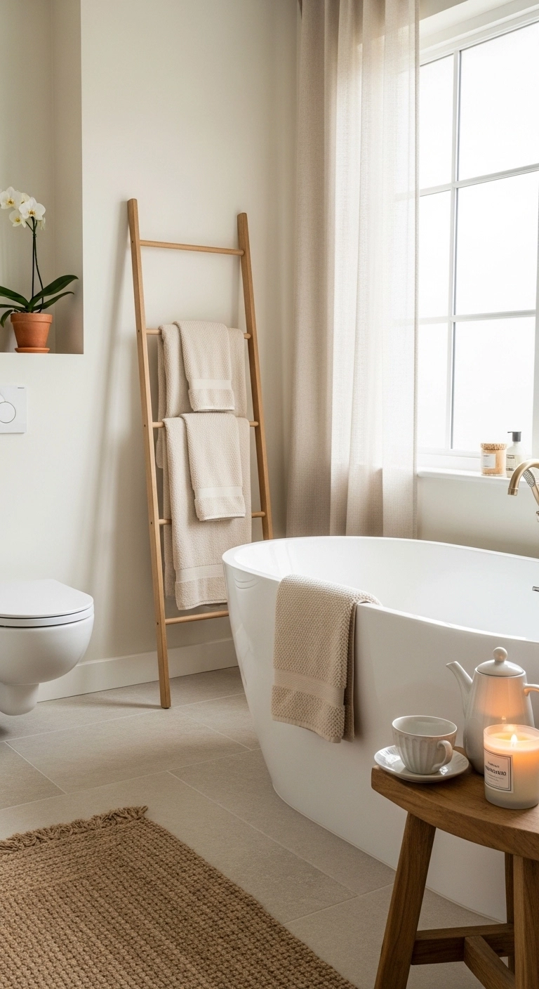 Bathroom towel hanging ideas with a wooden ladder rack in a spa-style bathroom