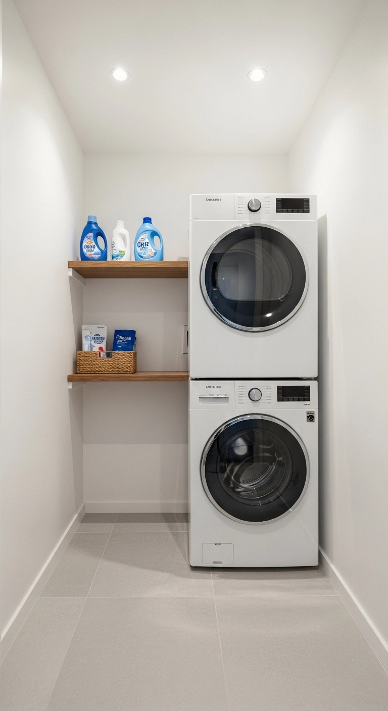 Small laundry room ideas with stacked washer and dryer layout
