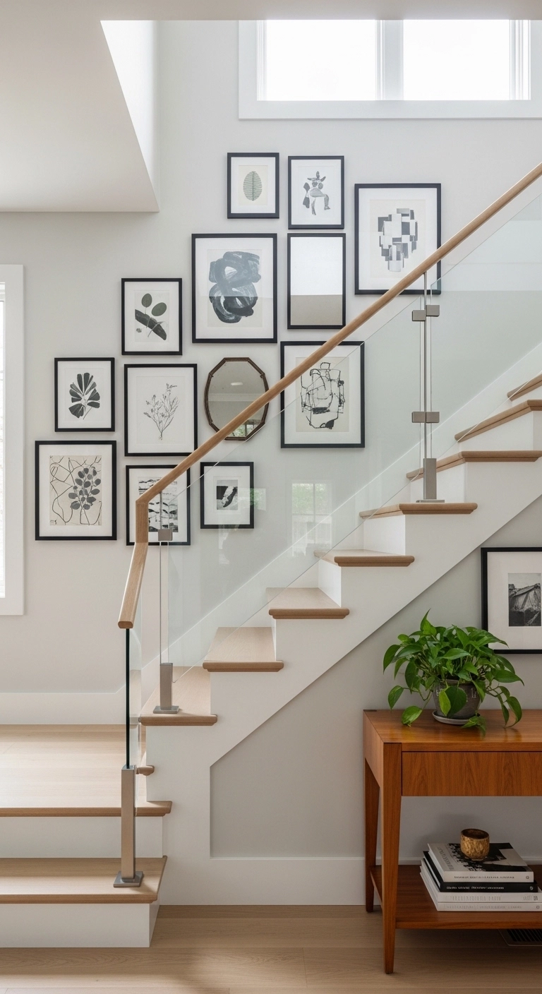 staircase decor ideas with a gallery wall following the stair line