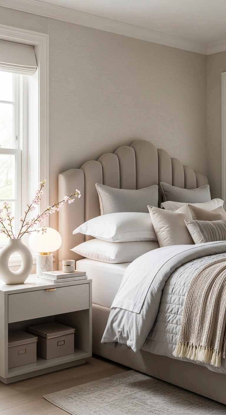 girly room dcore ideas with a scalloped headboard and layered bedding
