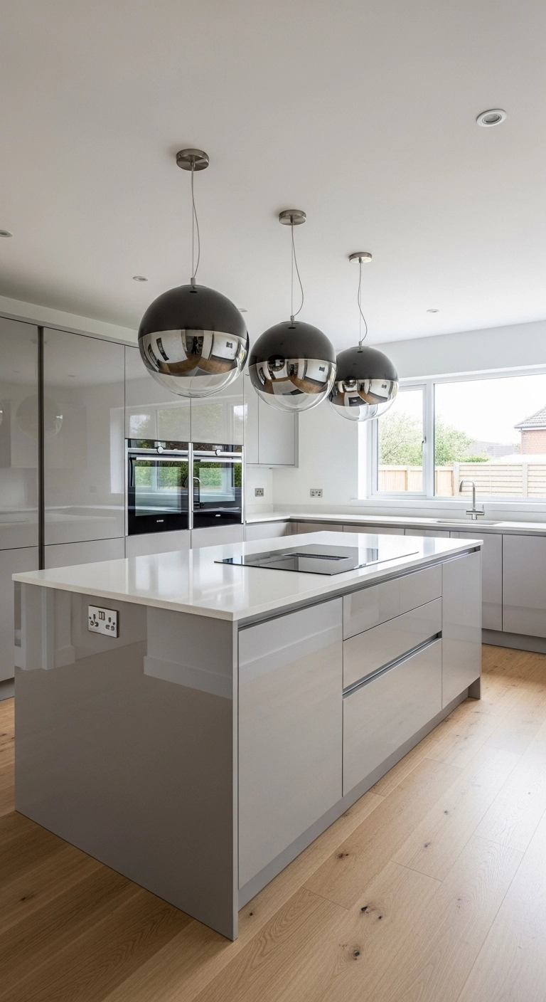 Island kitchen ideas with statement lighting over a simple modern island