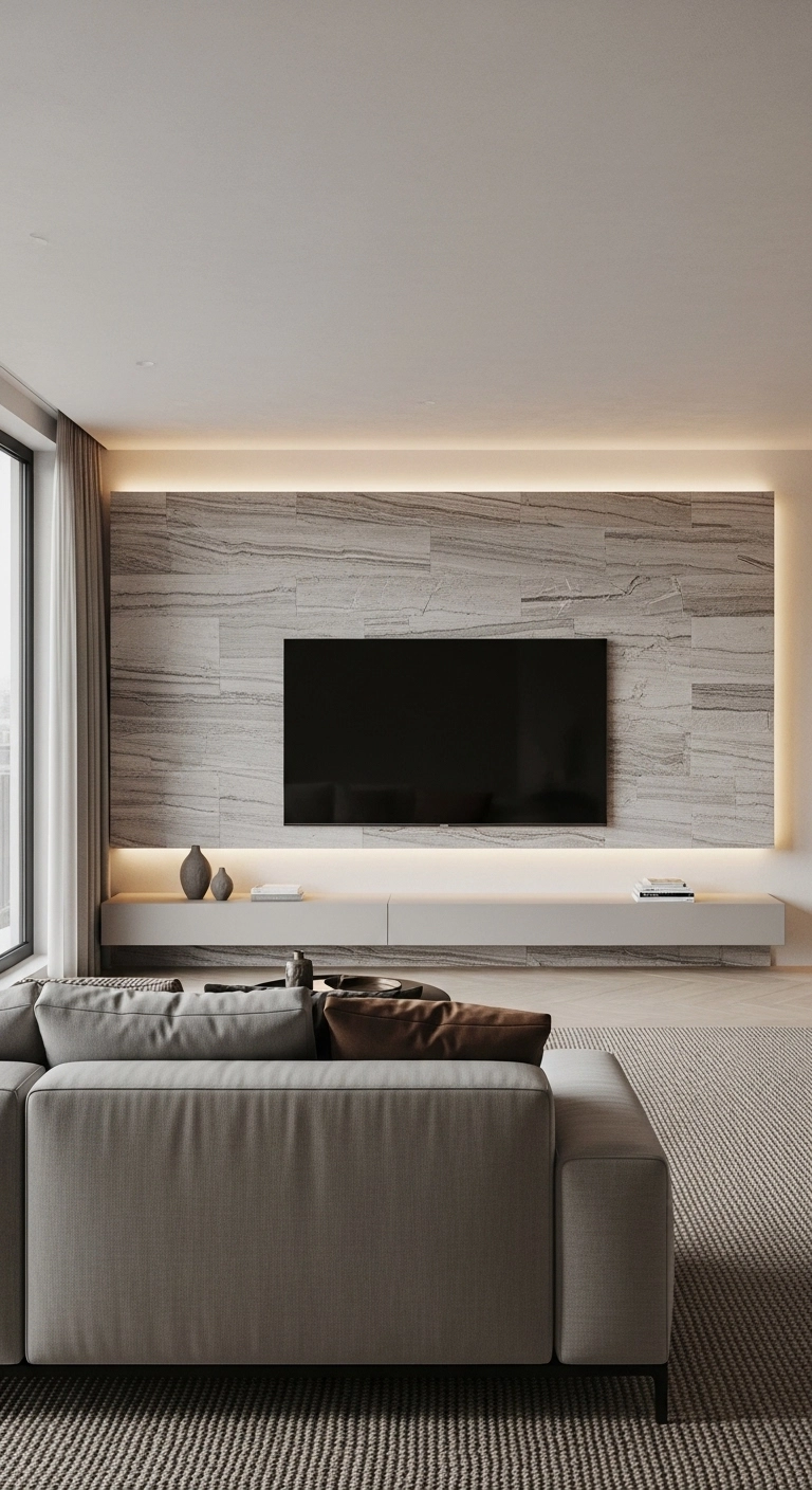 Media wall ideas with a stone-look finish for a sleek architectural feel