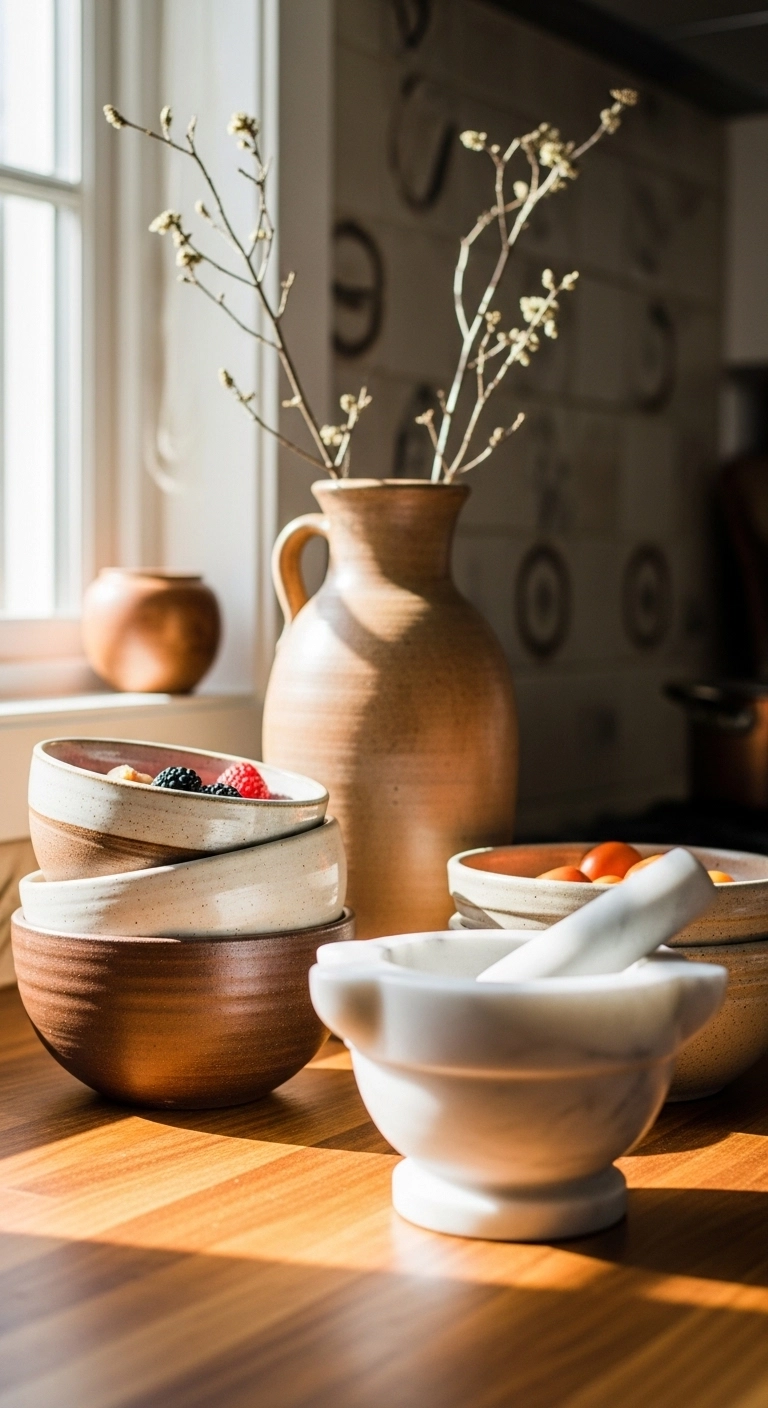 warm kitchen aesthetic with stoneware bowls and clay decor
