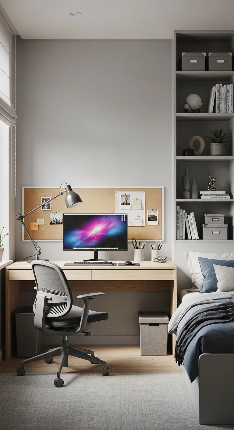 boys bedroom ideas with study desk, modern chair, and organized shelves