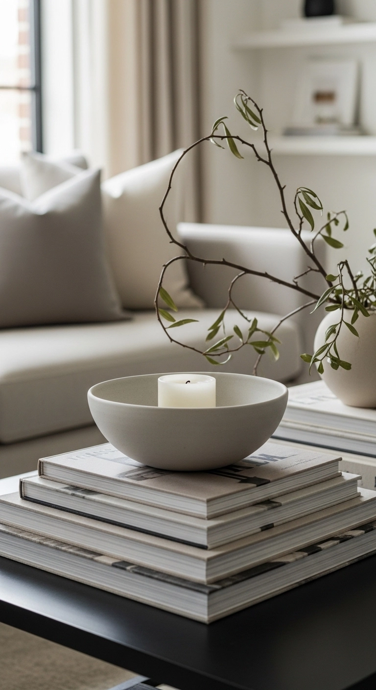 modern living room designs with a layered coffee table arrangement