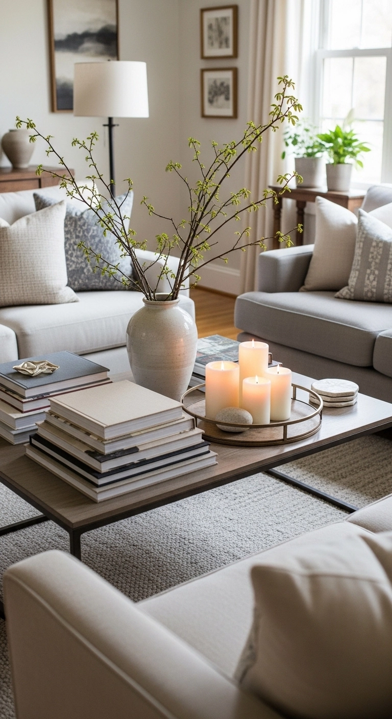 living room decor ideas with a styled coffee table in a modern home