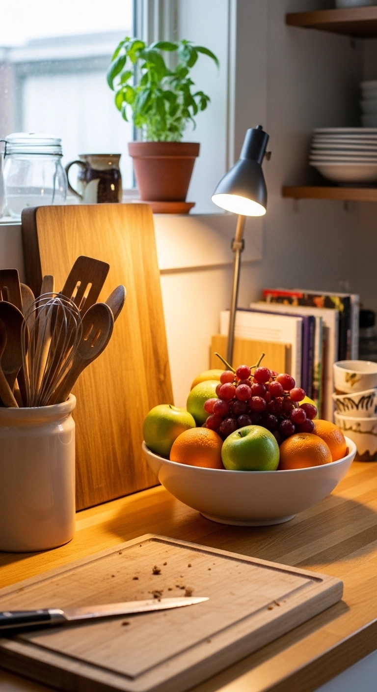 warm kitchen aesthetic with styled counters and useful decor