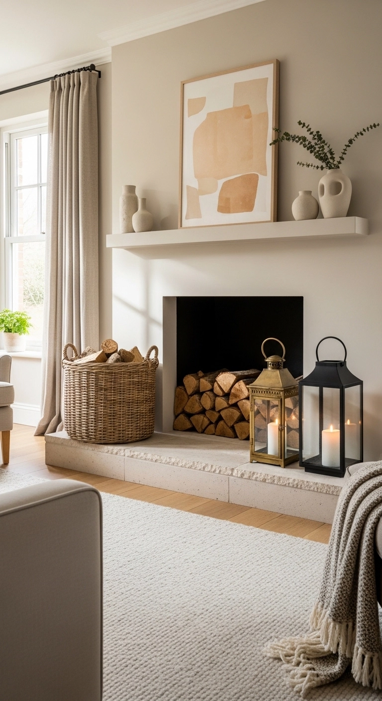 Fireplace decor ideas with a styled hearth and firewood basket