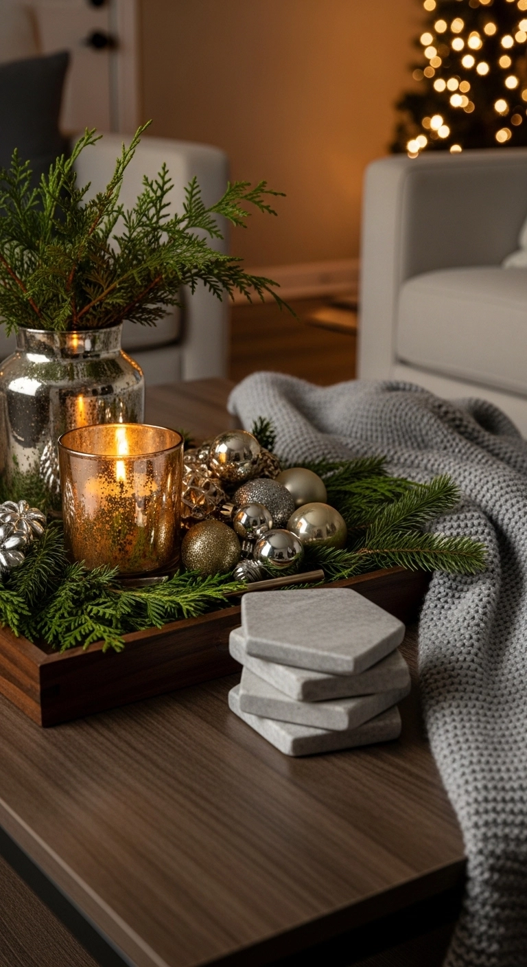 christmas apartment decor with a styled tray on a coffee table
