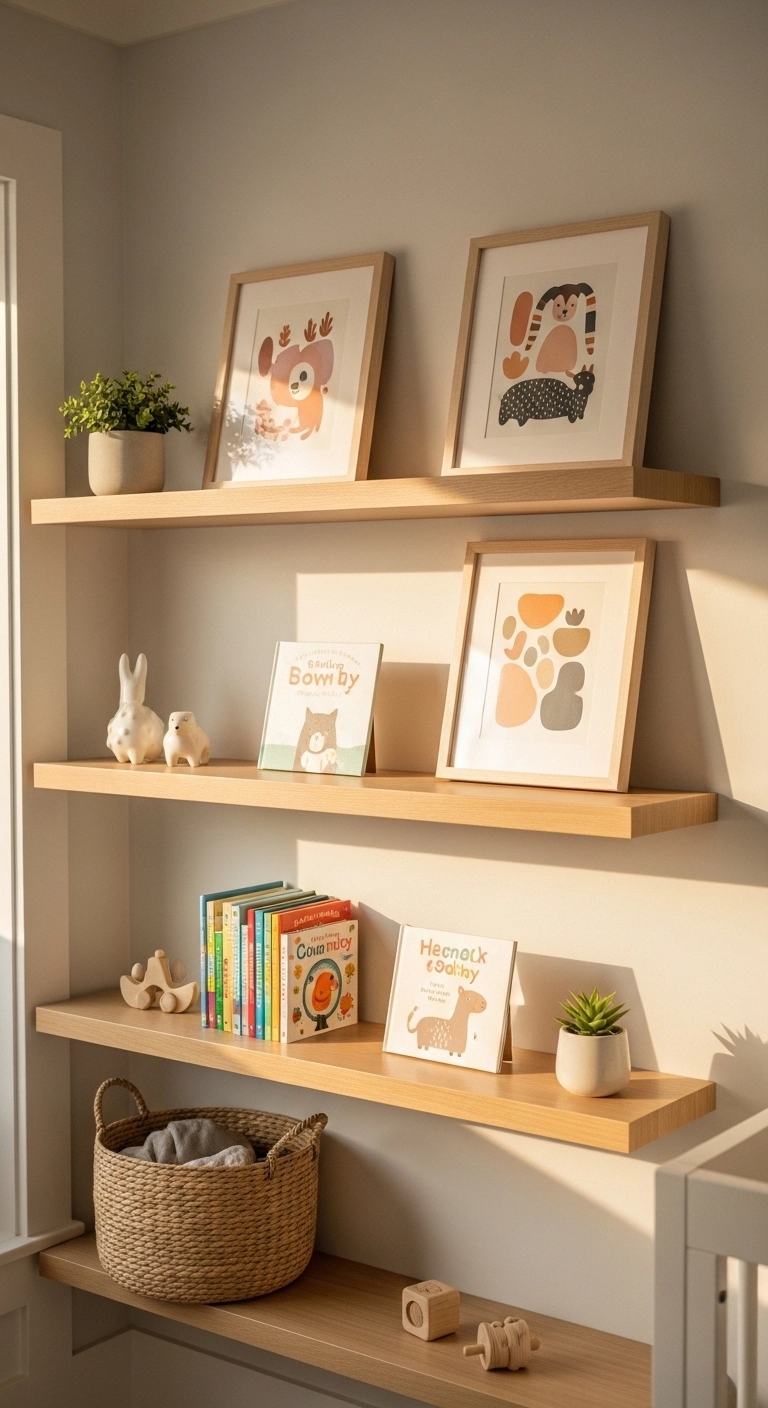 Baby nursery ideas with open shelves, baby books, framed art, and woven storage