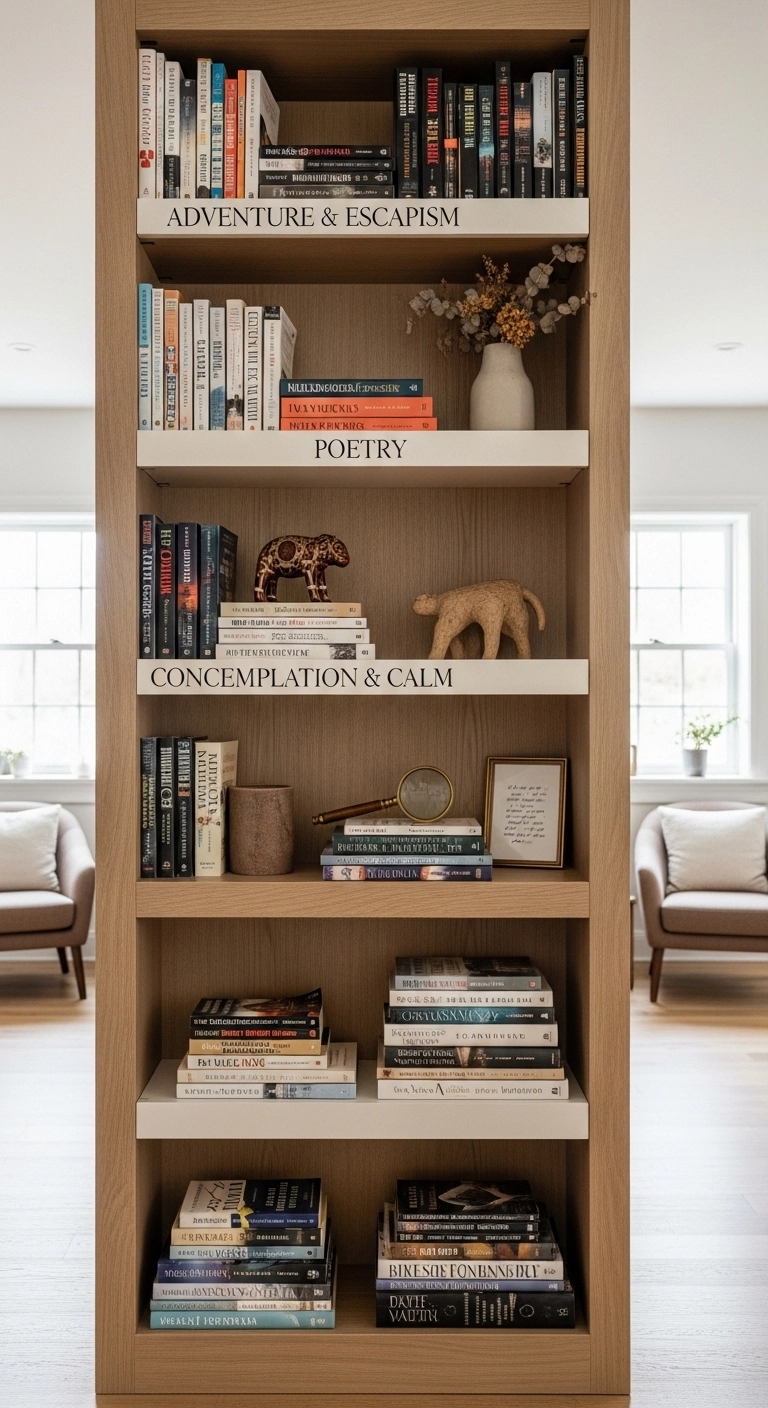 Library room ideas with neatly styled open shelves and organized books