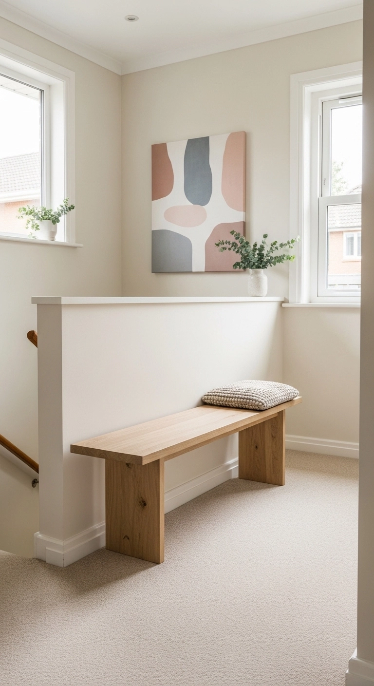 staircase decor ideas with a bench on the landing