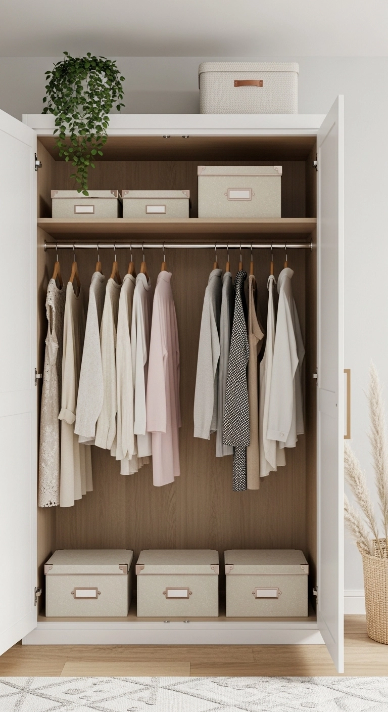 wardrobe decor ideas with neatly styled wardrobe top storage