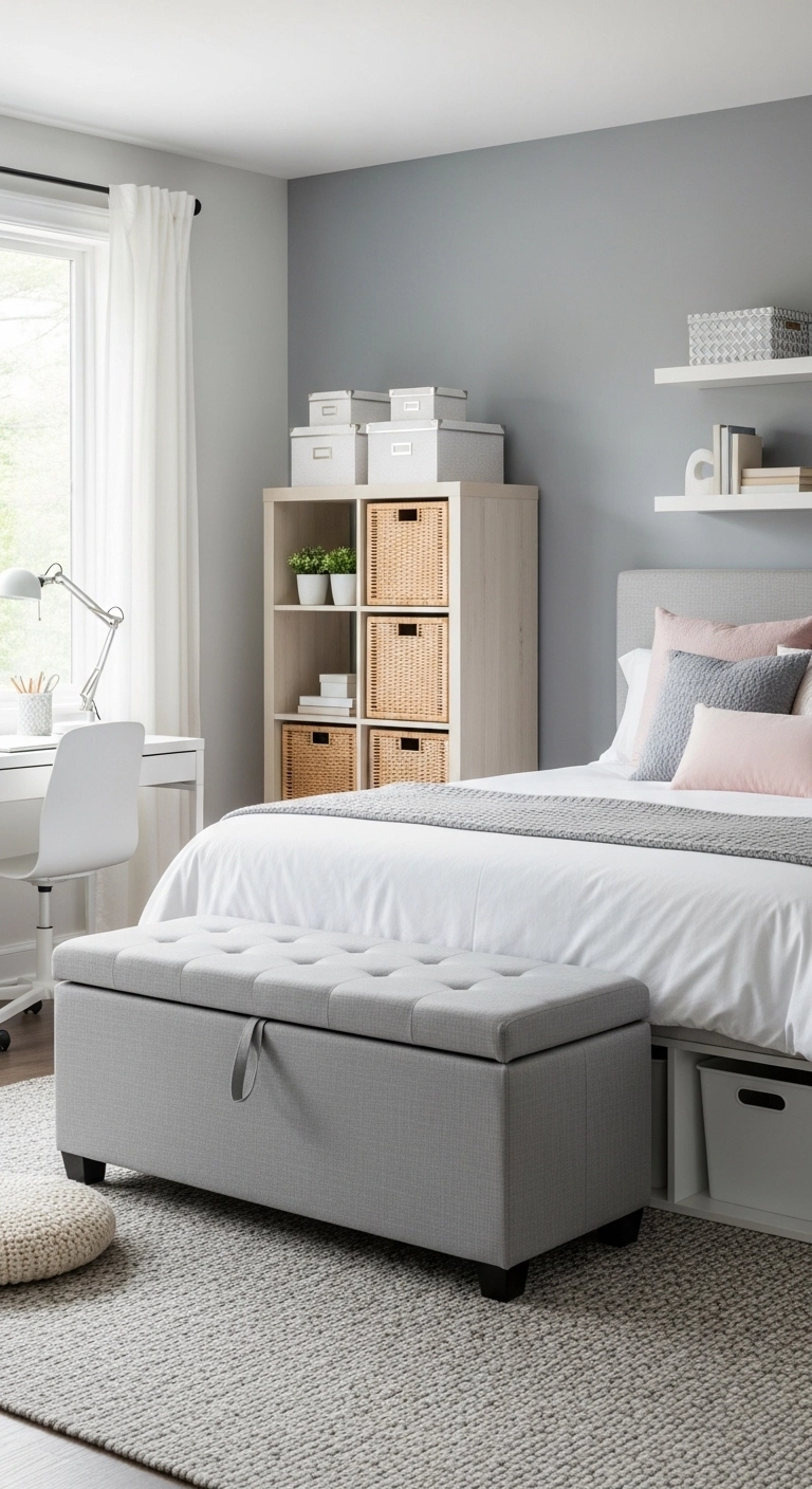 teen girl bedroom ideas with hidden storage and tidy shelves