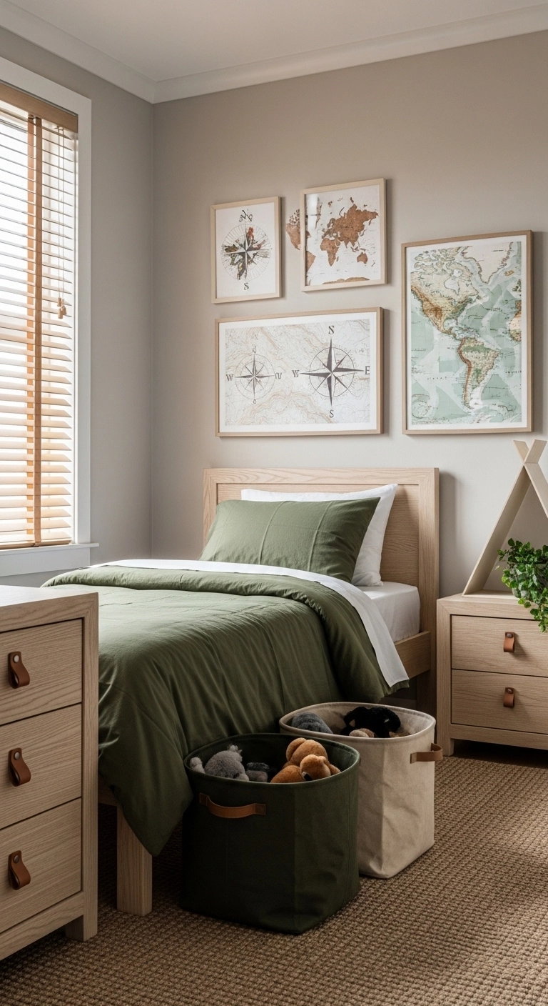 boys bedroom ideas with subtle adventure theme and olive bedding