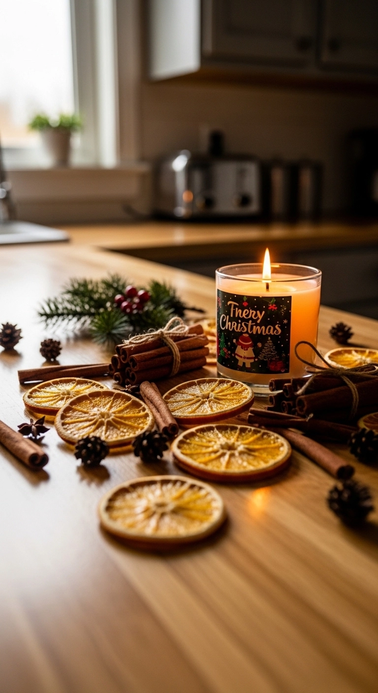 christmas apartment decor with subtle candle and citrus holiday scent styling