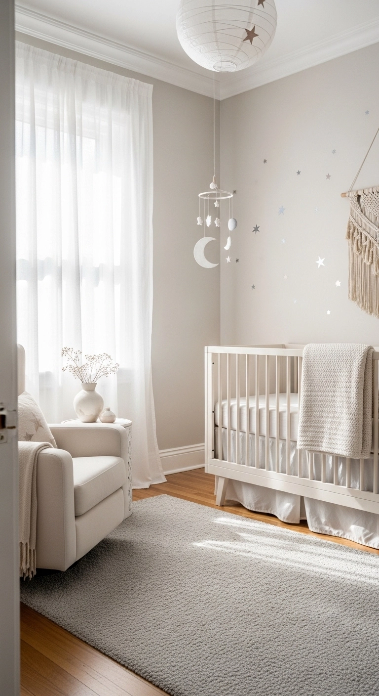 Baby nursery ideas with a subtle moon and stars theme in soft neutral tones