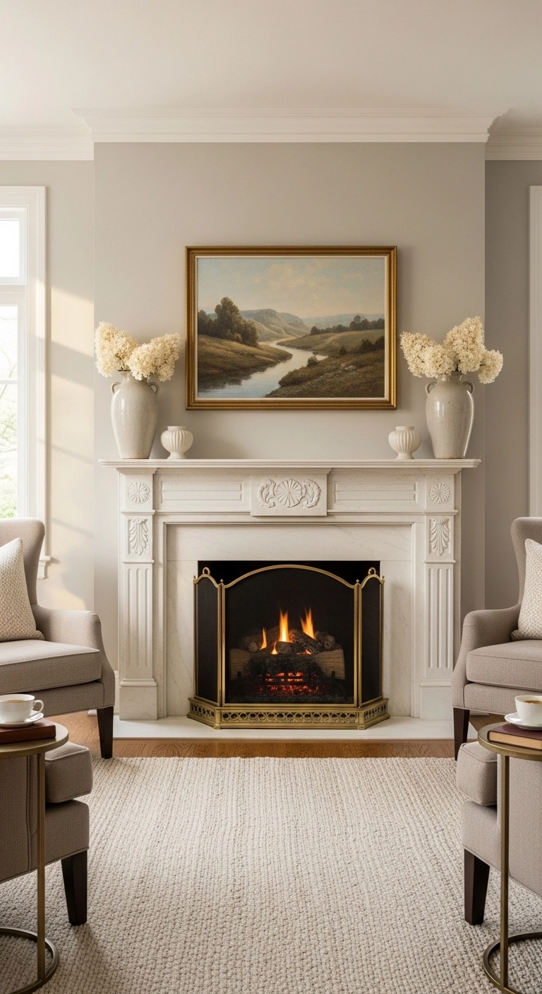Fireplace decor ideas with symmetrical mantel styling and central artwork