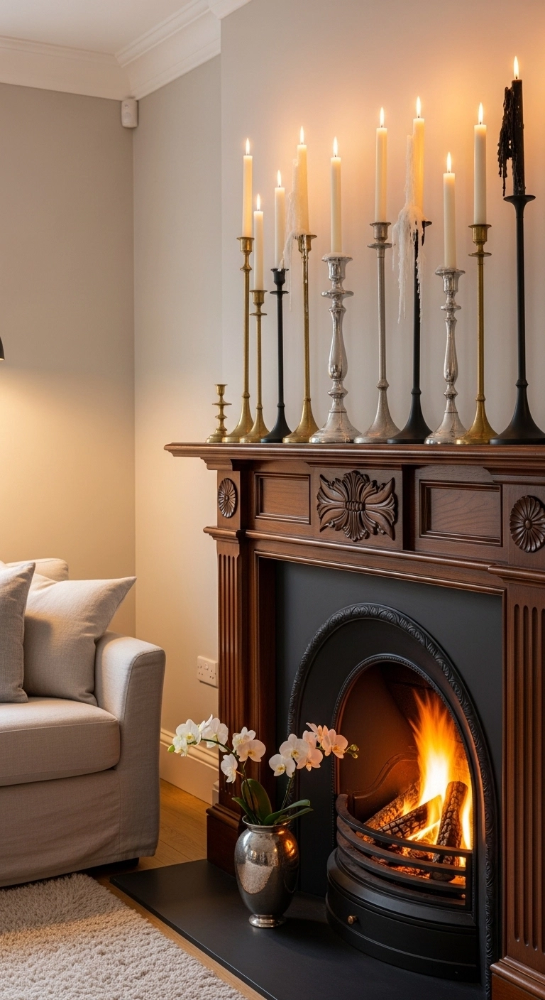 Fireplace decor ideas using tall candlesticks on a stylish mantel