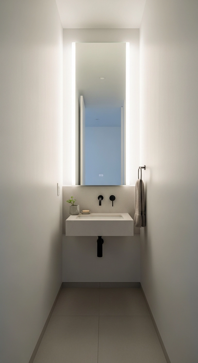 Bathroom mirror ideas with a tall vertical mirror in a narrow bathroom
