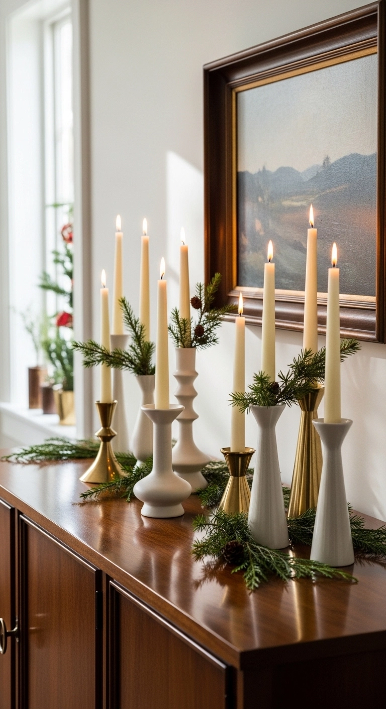 christmas candle decor ideas with taper candles in mixed holders