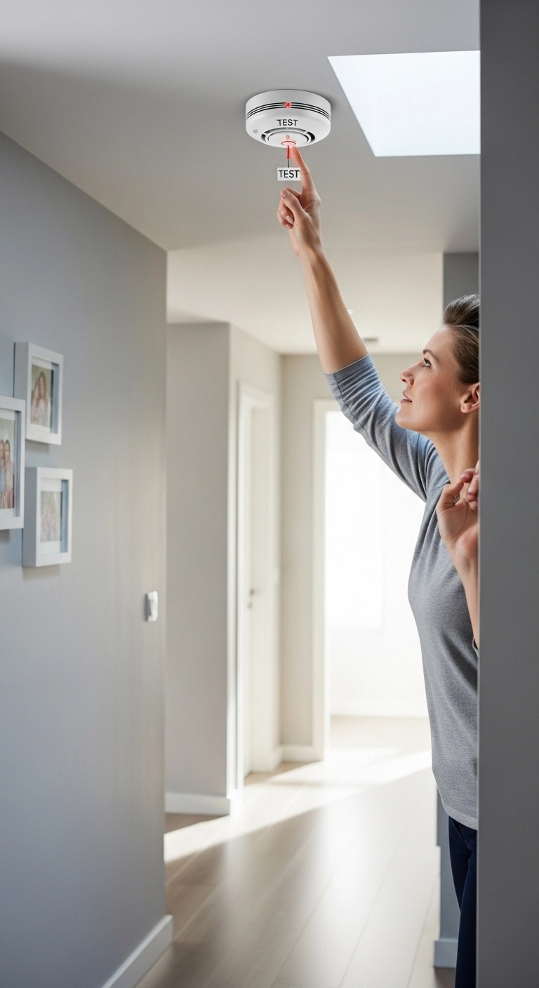 New homeowner checklist with homeowner testing smoke alarm indoors