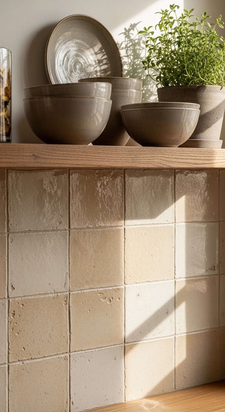 warm kitchen aesthetic with textured ceramic tile backsplash