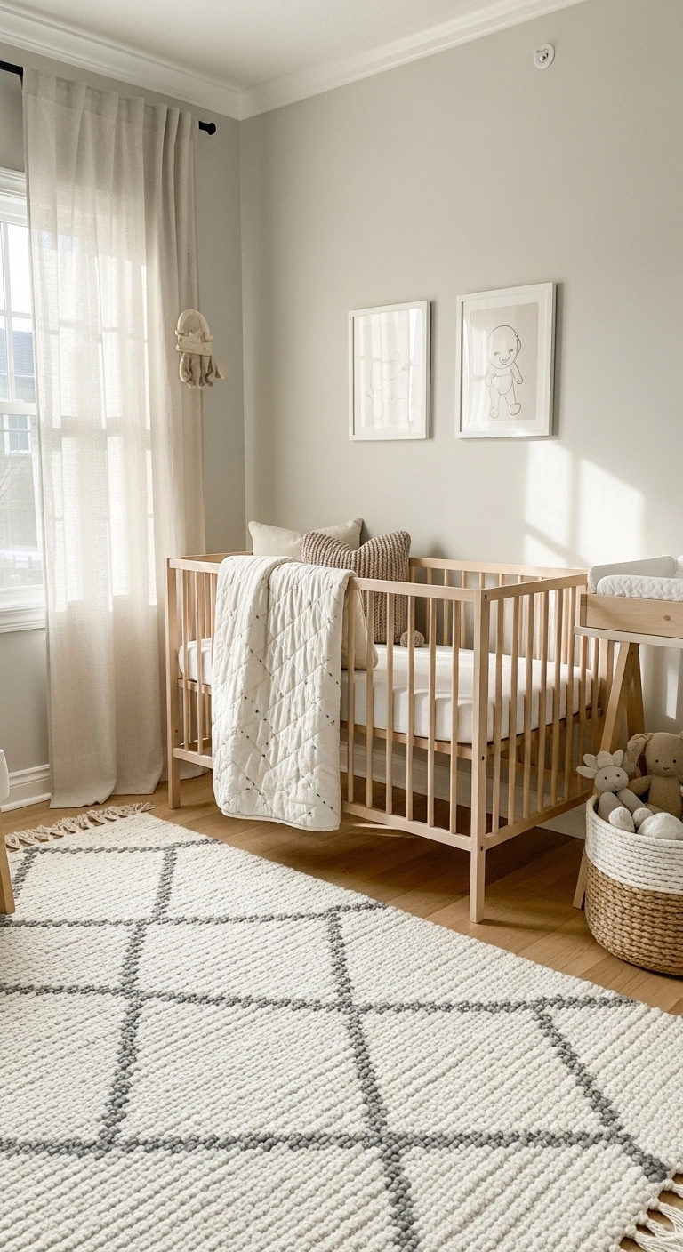 Baby nursery ideas with layered textures, woven rug, and soft neutral fabrics