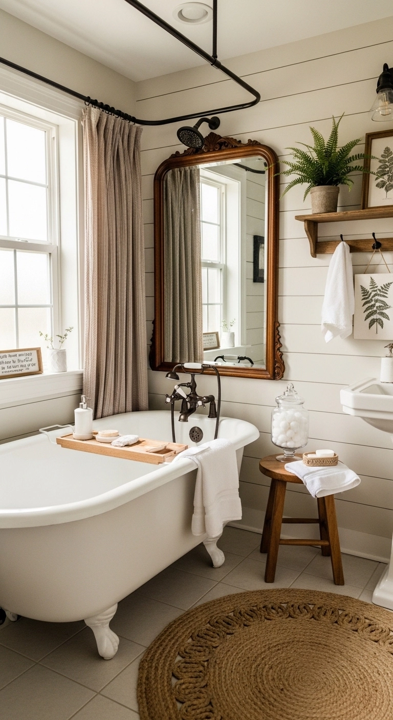 Farmhouse bathroom ideas with a textured neutral shower curtain and warm accents