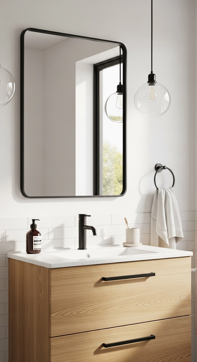 Bathroom mirror ideas with a thin black framed mirror and oak vanity