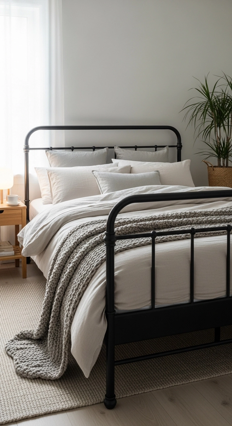 metal bed frame bedroom ideas with a textured throw blanket and cozy bedding