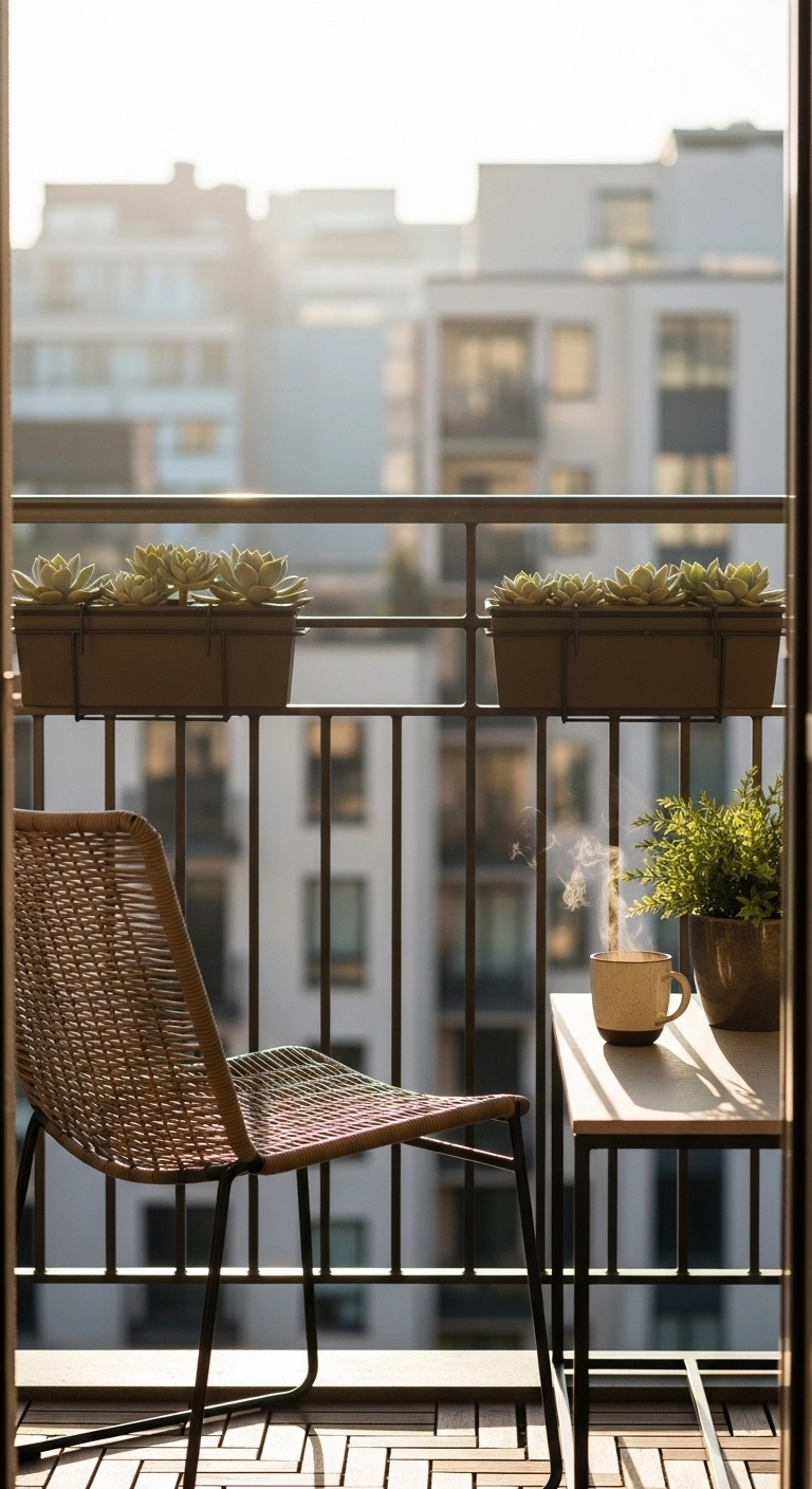 apartment balcony ideas with a tiny coffee setup in morning light