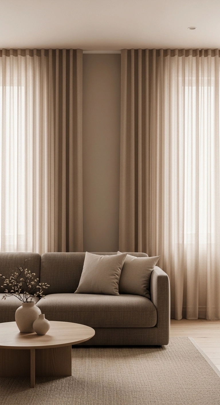 living room curtain ideas with tone-on-tone curtains matching warm neutral walls