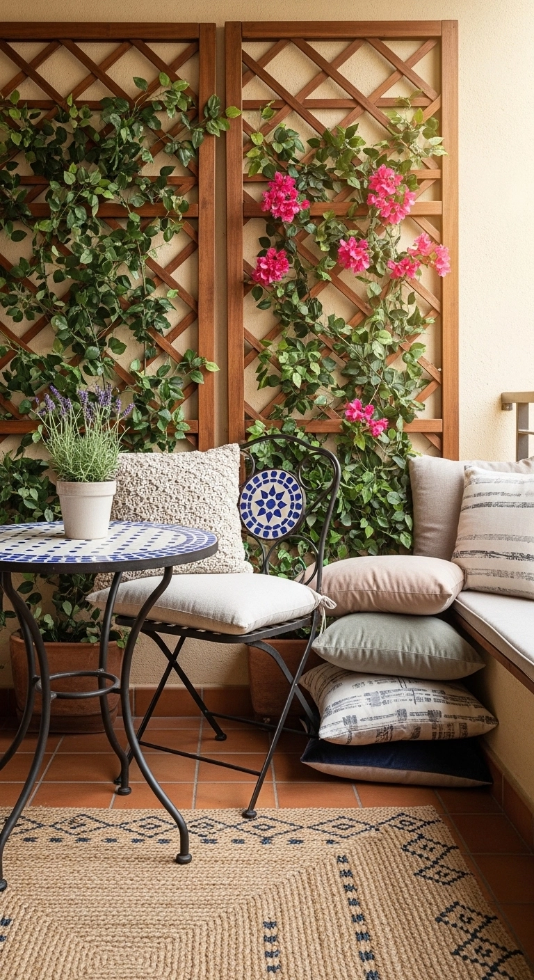 Balcony privacy ideas with trellis panels and climbing plants in a cozy space