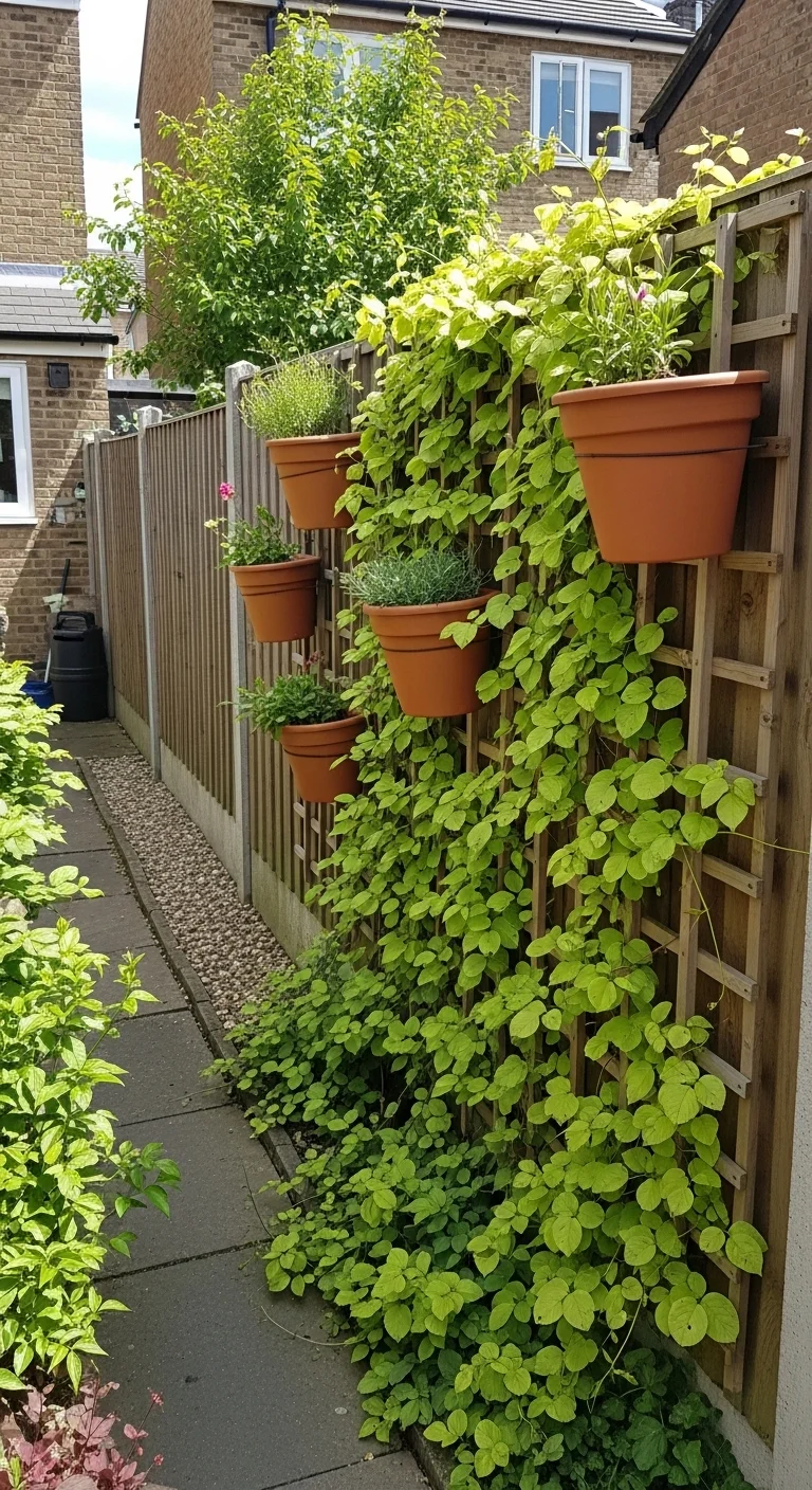 budget small backyard ideas with a climbing vine on a backyard trellis