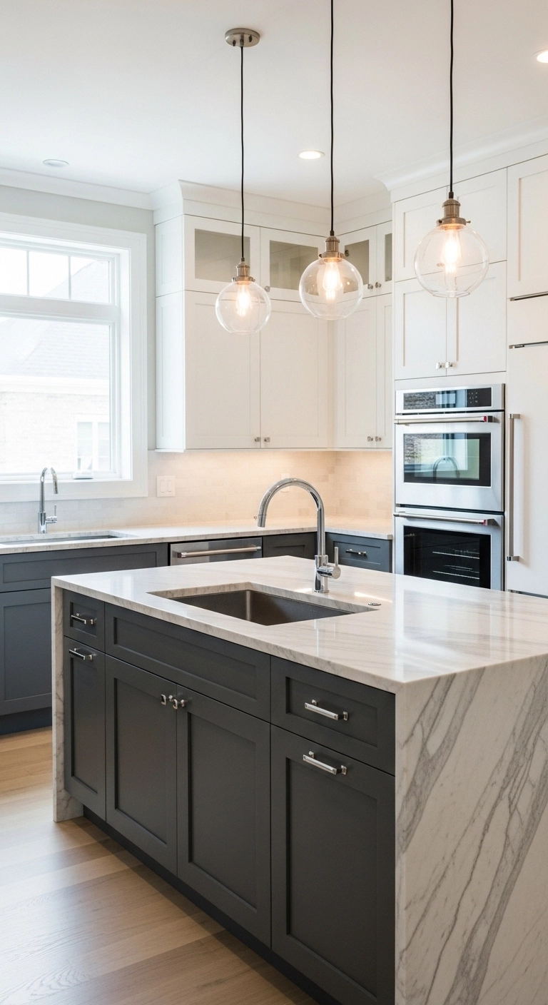 Kitchen cabinet ideas with two-tone white and gray cabinets in a stylish kitchen