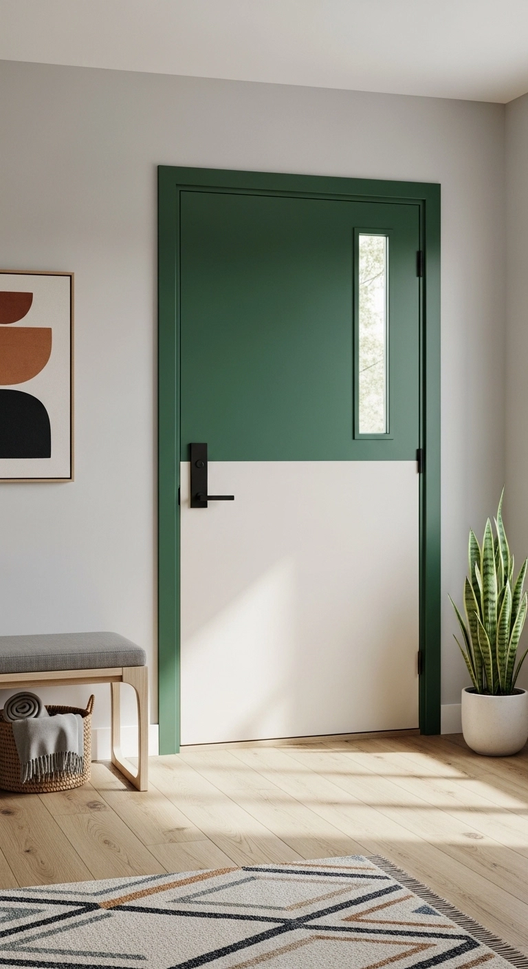 Door painting ideas with a green and cream two-tone entry door