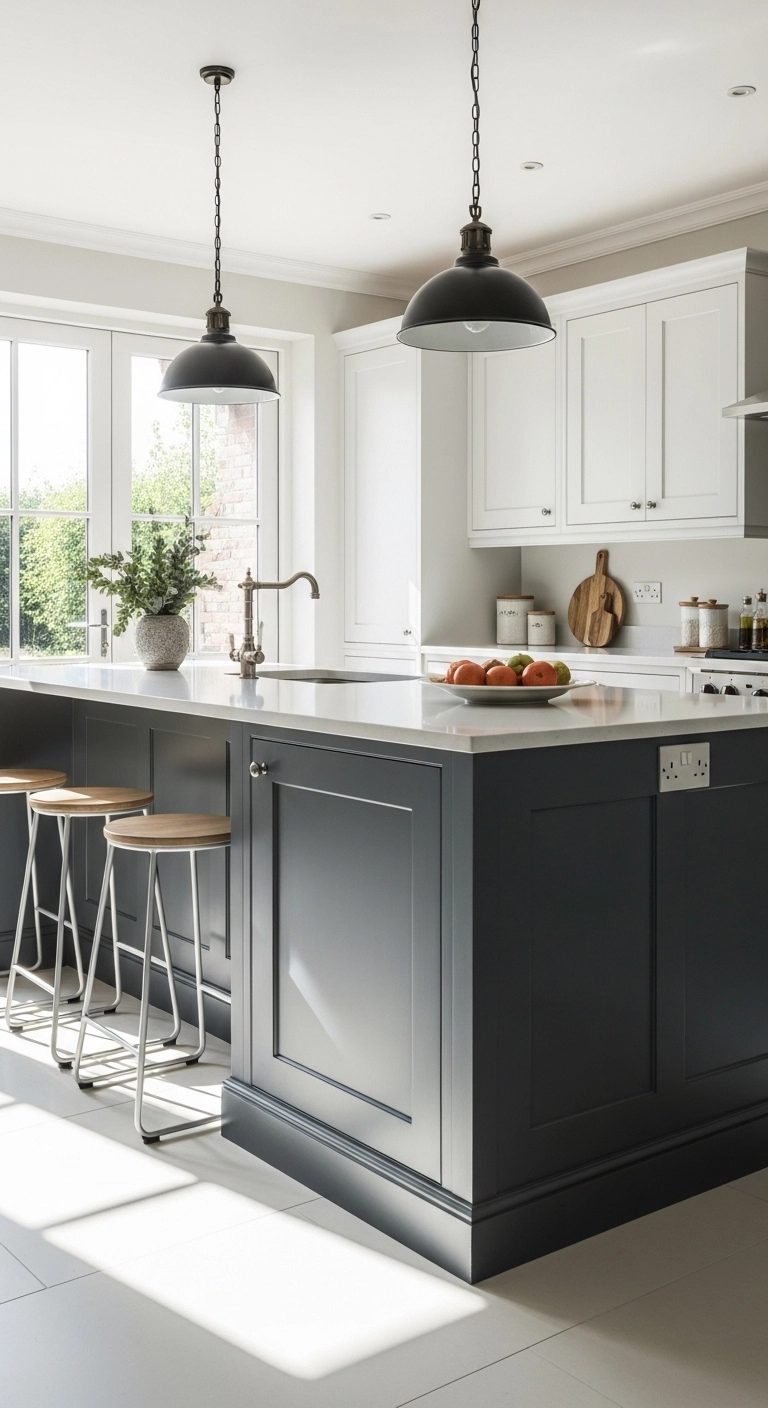 Island kitchen ideas featuring a two-tone island in a bright modern kitchen