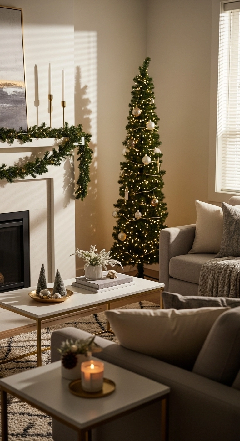 christmas apartment decor in a small uncluttered living room with warm lights