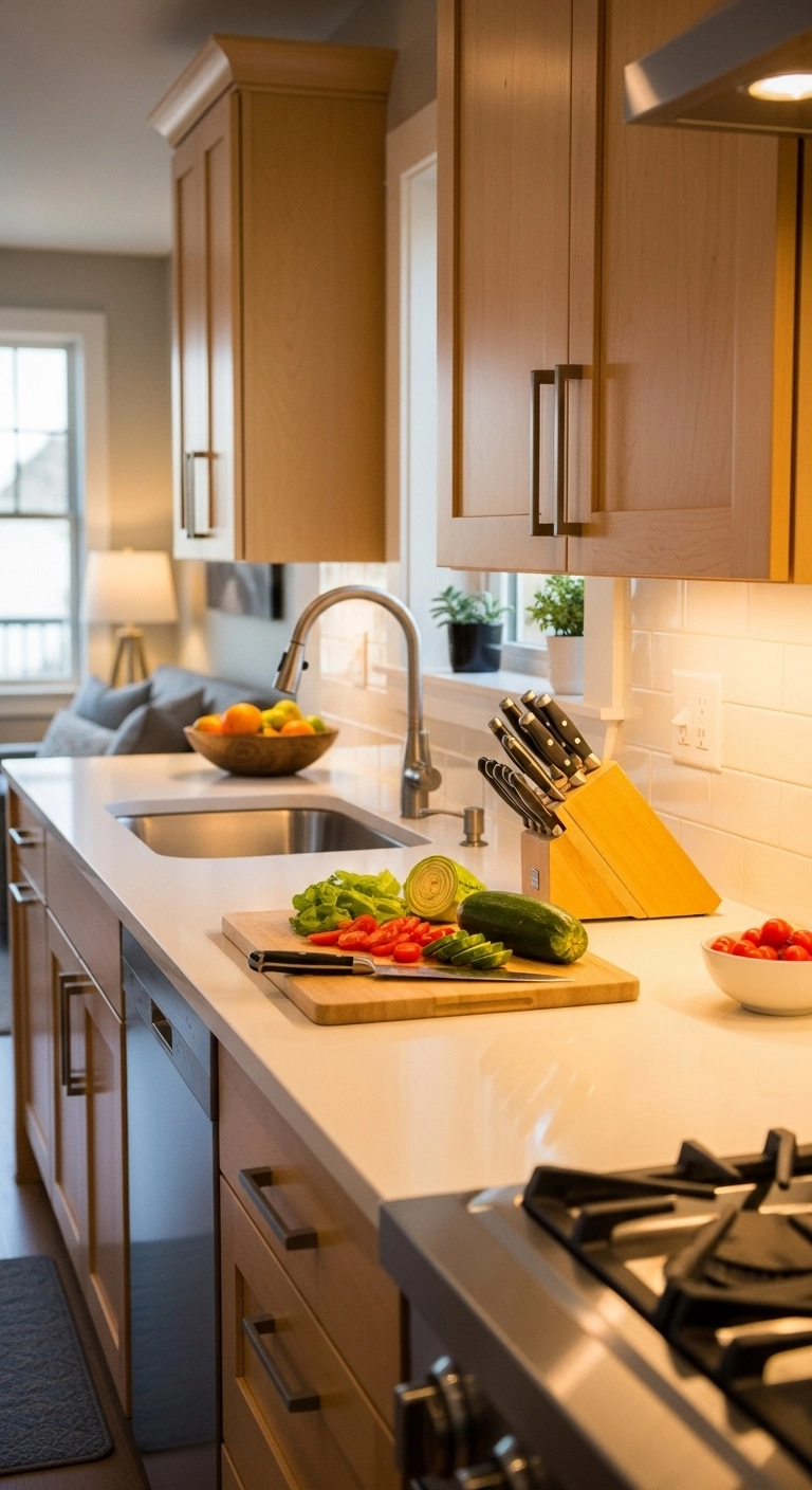 Kitchen lighting ideas with under-cabinet lights on bright countertops