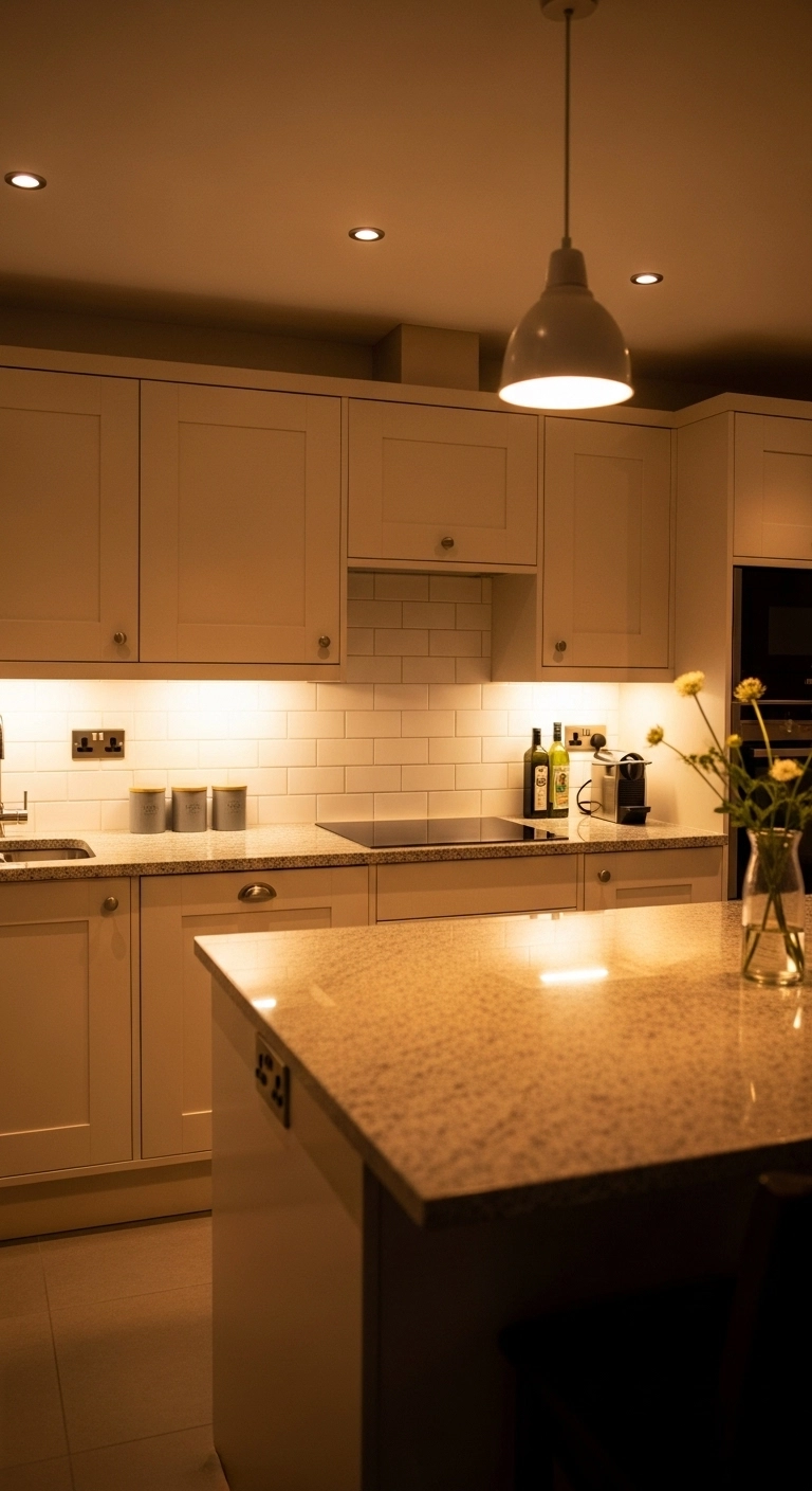 Kitchen cabinet ideas with under-cabinet lighting and warm evening glow