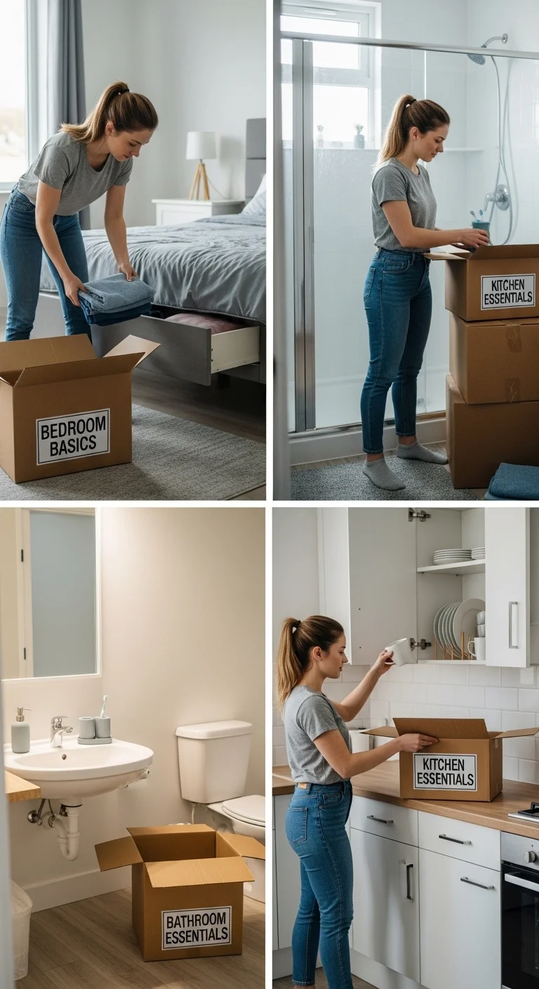 New homeowner checklist showing unpacking bedroom and kitchen essentials