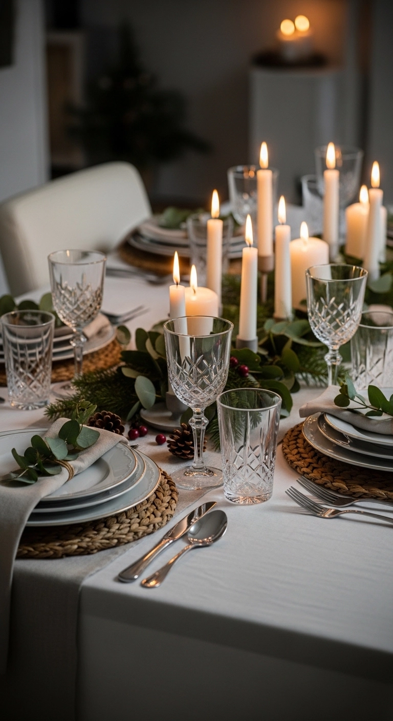 christmas candle decor ideas with unscented candles on a holiday dining table